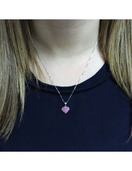 Collana con Ciondolo Cuore Pixel in Argento 925 e Zirconi Rosa