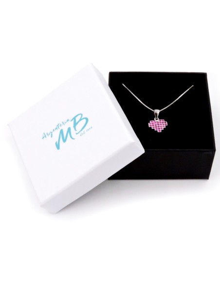 Solid Silver Necklace with Pink Pixel Heart Pendant 