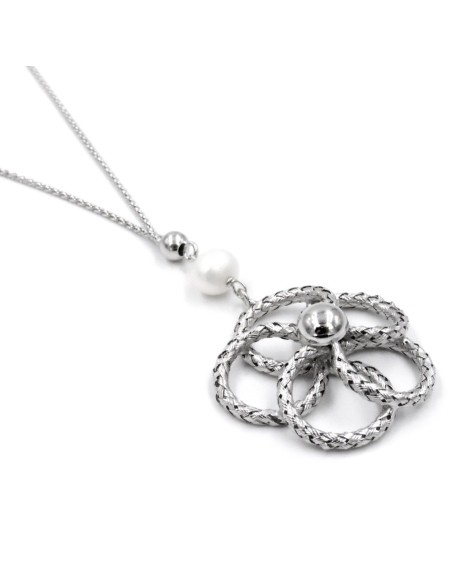 Solid Silver Necklace with Flower and Pearl Pendant 