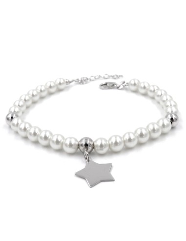 925 Sterling Silver Bracelet with White Pearls and Star Pendant 