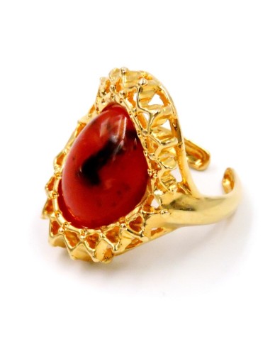 Anello in Argento Placcato Oro con Pietra Rosso Venato