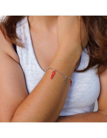Bracciale in Argento 925 con Cornetti Portafortuna Lucidi e Smaltati