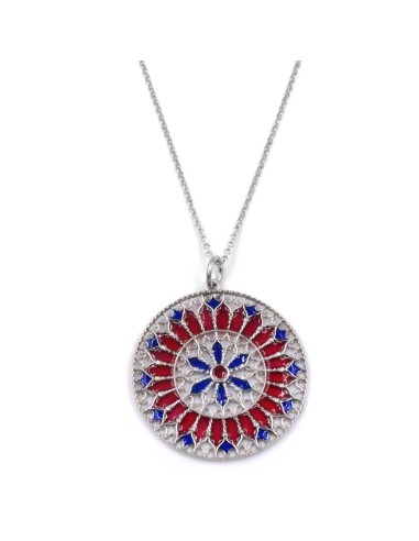 Collana con Pendente Rosone Tondo in Argento con Smalti Blu e Rossi
