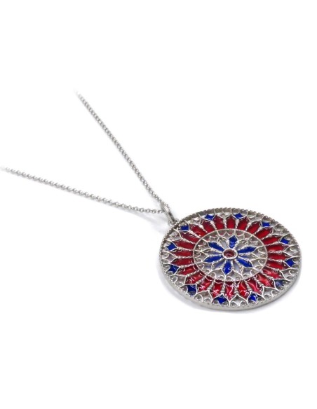 Collana con Pendente Rosone Tondo in Argento con Smalti Blu e Rossi