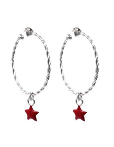 925 Sterling Silver Torcion Hoop Earrings with Red Star Pendant