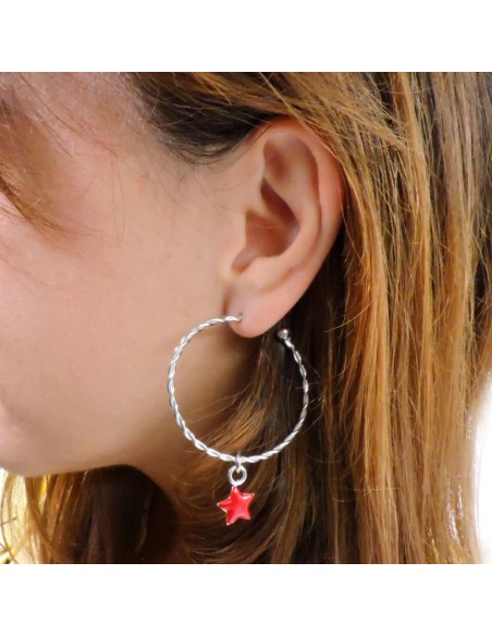 925 Sterling Silver Torcion Hoop Earrings with Red Star Pendant