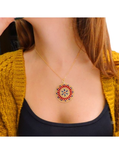 Solid Silver Gilt Necklace with Red and Blue Rose Window Pendant 