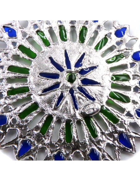 Solid Silver Necklace with Green and Blue Rose Window Pendant 