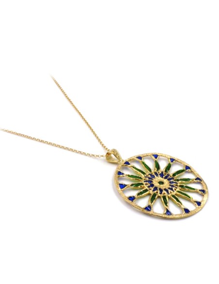 Solid Silver Gilt Necklace with Green and Blue Rose Window Pendant 