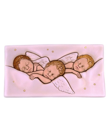 Angeli Che Dormono Quadro in Ceramica con Decorazioni Colorate cm 30x16