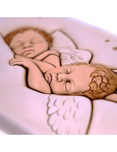 Angeli Che Dormono Quadro in Ceramica con Decorazioni Colorate cm 30x16