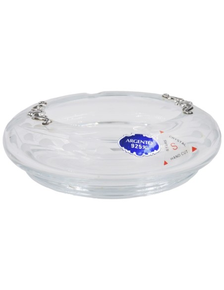 Hand Cutted Round Crystal Ashtray with Silver Inserts