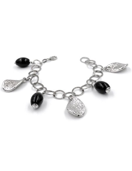 925 Sterling Silver Bracelet with Onyx Stones and Pendants 