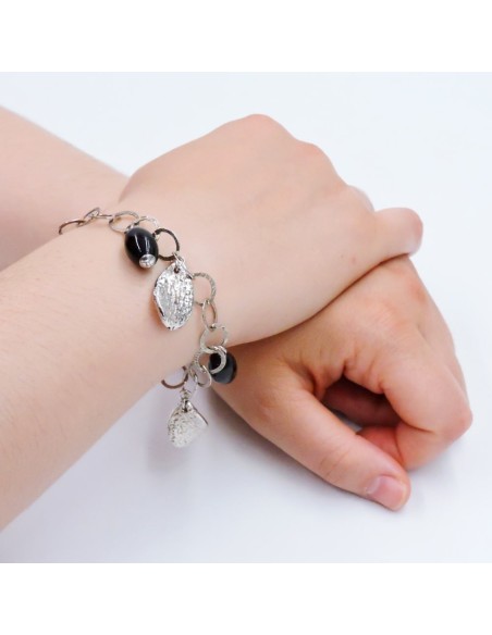 925 Sterling Silver Bracelet with Onyx Stones and Pendants 
