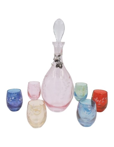 Set Bottiglia e Bicchieri in Vetro Colorato con Applicazione Foglie di Vite in Argento