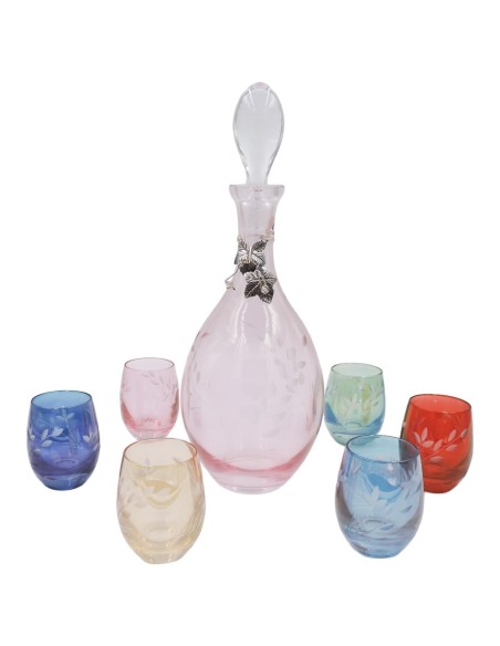 Set Bottiglia e Bicchieri in Vetro Colorato con Applicazione Foglie di Vite in Argento