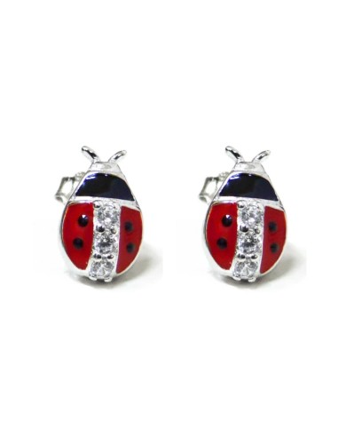 925 Sterling Silver Ladybug Earrings with White...