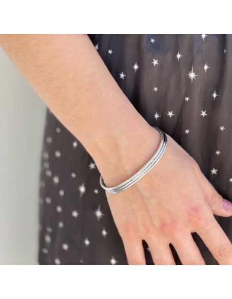925 Sterling Silver Three Lines Rigid Oval Bracelet 