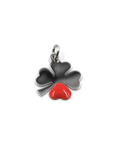 Ciondolo Quadrifoglio in Argento con Cuore Smaltato Rosso