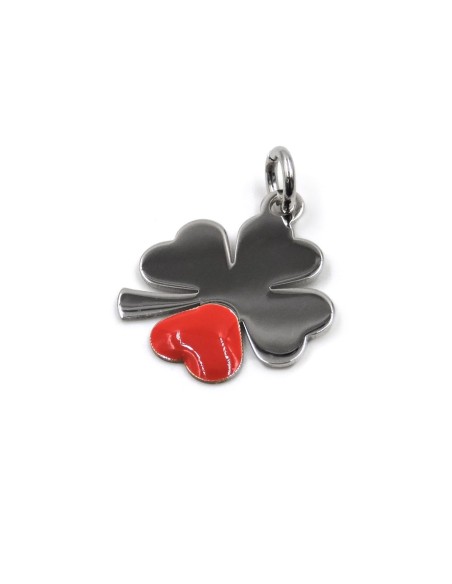 Ciondolo Quadrifoglio in Argento con Cuore Smaltato Rosso