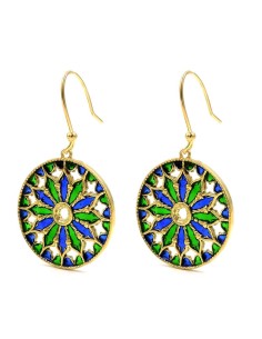 Orecchini Rosone in Argento Placcato Oro con Smalto Verde...