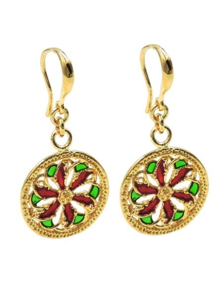 Red and Green Enameled Gold Plated Sterling Silver Rose Window Earrings 