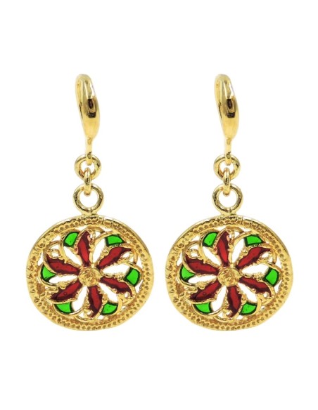 Orecchini Rosone in Argento 925 Placcato Oro con Smalto Verde e Rosso