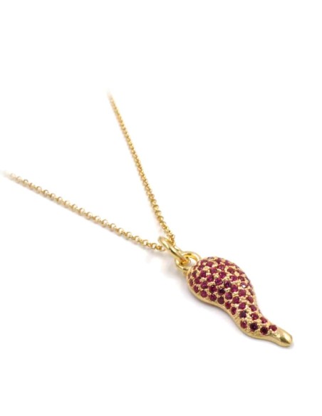 Gold Plated 925 Sterling Silver Lucky Horn Pendant Necklace with Red Zircons