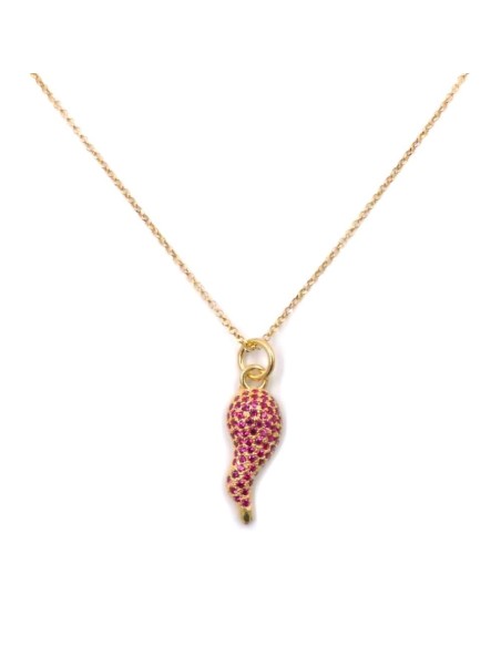 Collana con Corno Portafortuna in Argento 925 Placcato Oro e Zirconi Rossi