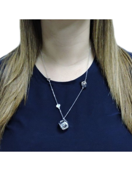 Bracciale Catena Donna in Argento 925 Rodiato con Ciondolo Doppio Cuore