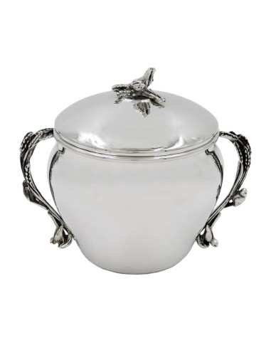 Solid Silver Sugar Bowl with Ears and Birds Decoration