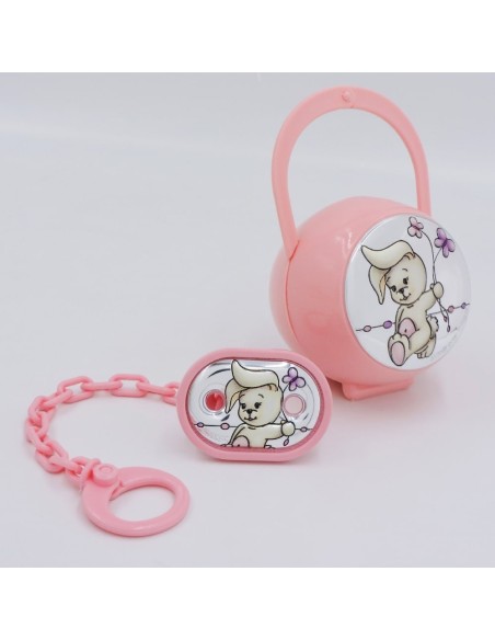 Porta Ciucciotto con Box Rosa Inserti in Argento PVD con Coniglietto