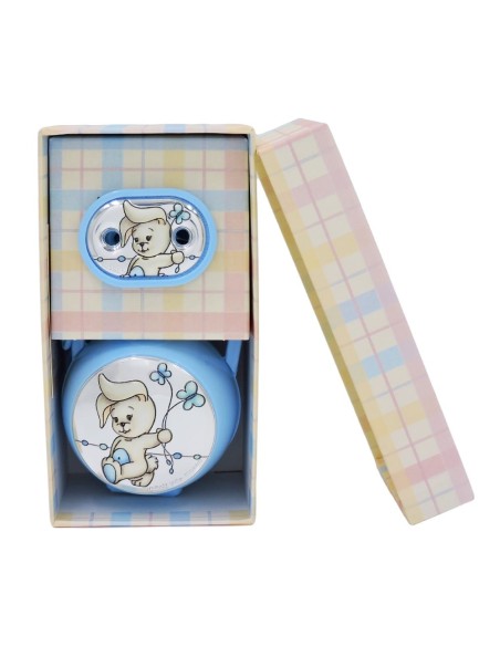 Porta Ciucciotto con Box Azzurro Inserti in Argento PVD con Coniglietto