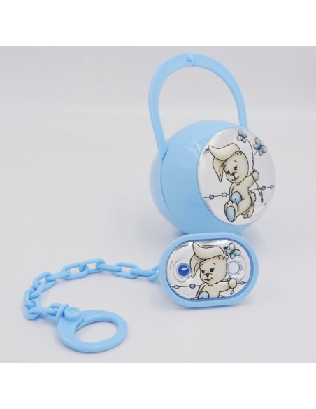 Porta Ciucciotto con Box Azzurro Inserti in Argento PVD con Coniglietto