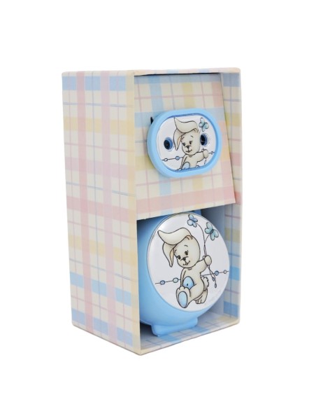 Porta Ciucciotto con Box Azzurro Inserti in Argento PVD con Coniglietto