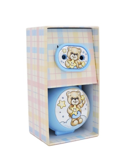 Schnullerhalter mit Blauer Box mit PVD Silbernen Einsätzen und Teddybär