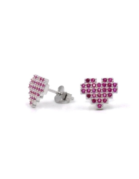 Orecchini Cuore Pixel in Argento 925 con Zirconi Rosa