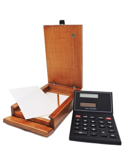 Wooden Box with Calculator and Notepads