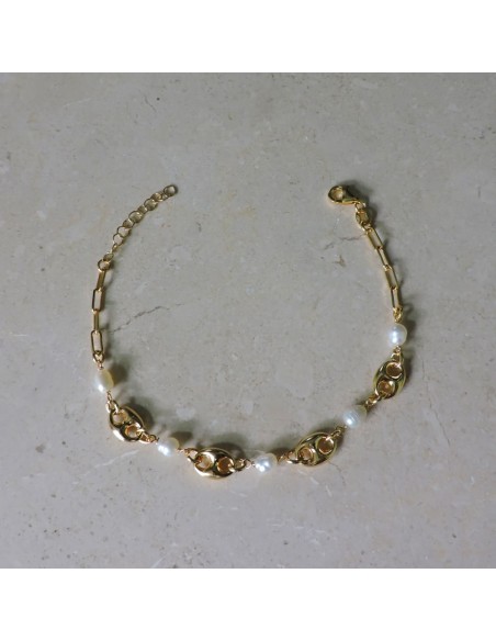 Gold Plated Sterling Silver Anchor Chain Bracelet with Pearls