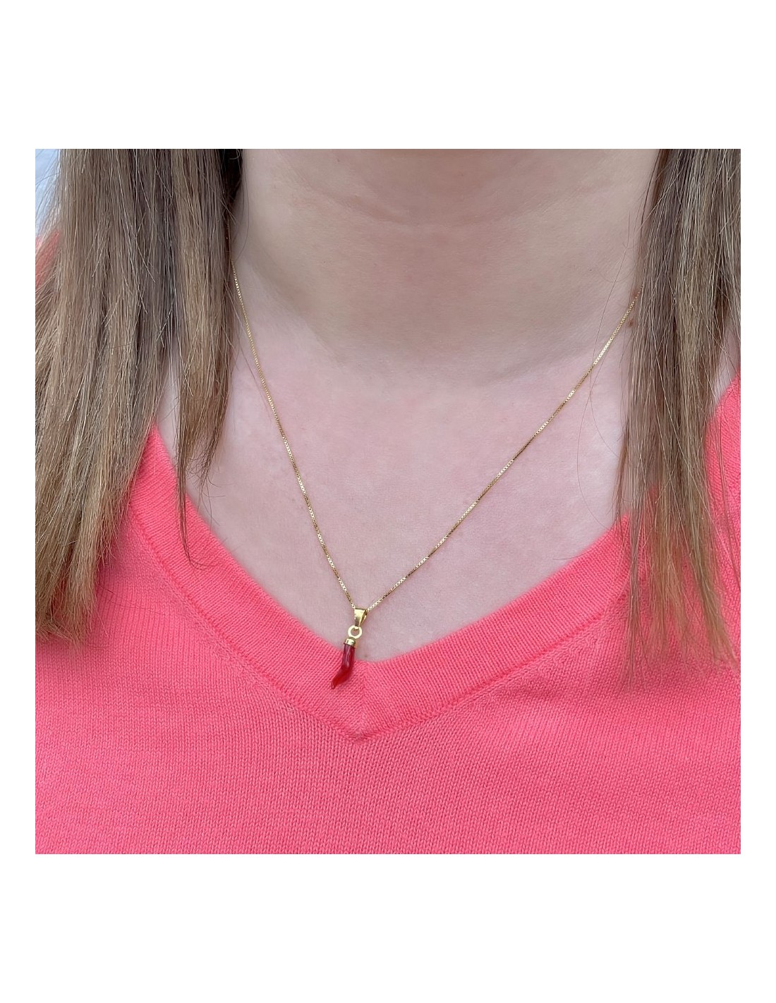 Gold Plated Sterling Silver and Red Coral Horn Necklace