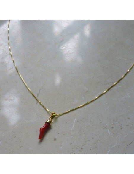 Lucky Horn Necklace in Red Coral and Gold Plated Sterling Silver