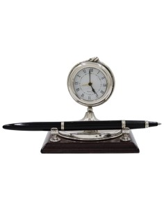 Silver Desk Clock Set with Pen on Wooden Base