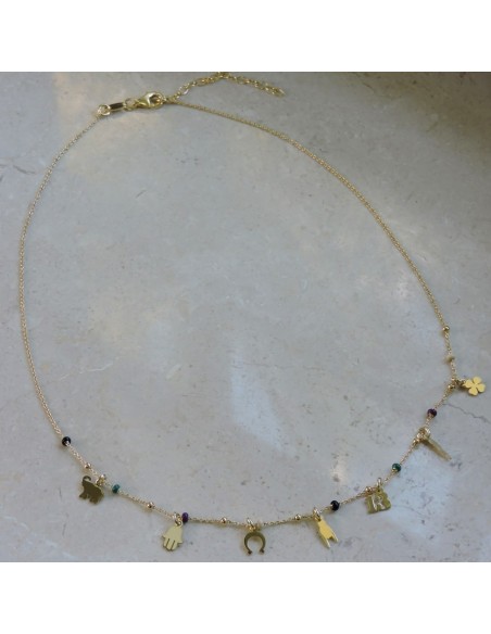 Collana Pendenti Portafortuna in Argento Placcato Oro e Perline