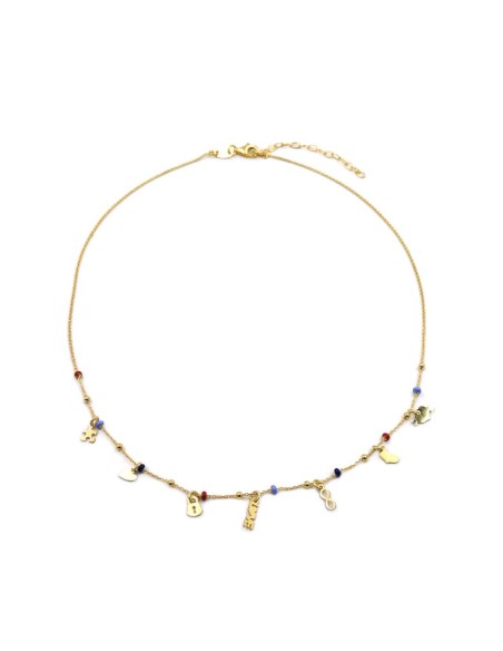 Collana Simboli Amore in Argento Placcato Oro e Perline