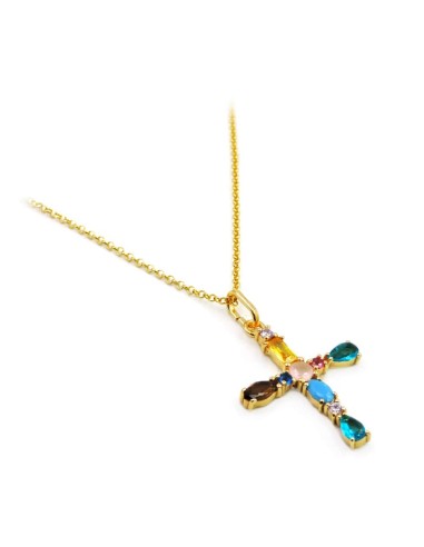 Collana Croce in Argento Placcato Oro e Pietre Colorate