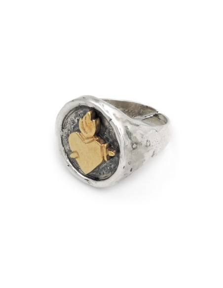 Hammered Sterling Silver Round Ring Holy Heart with Sword