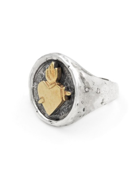 Hammered Sterling Silver Round Ring Holy Heart with Sword