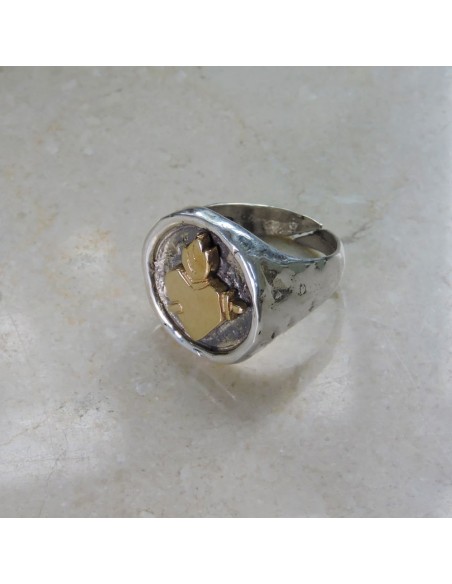 Anello Tondo in Argento 925 Martellato Sacro Cuore Oro