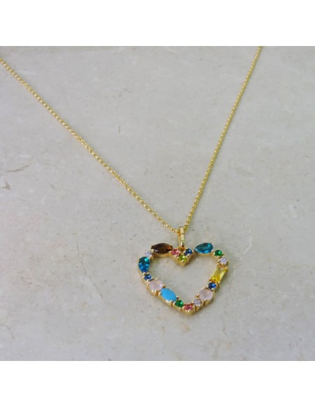 Collana Cuore in Argento Placcato Oro e Pietre Colorate