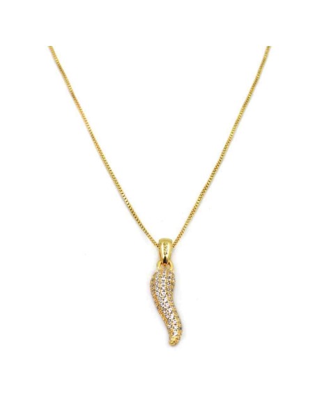 Collana Corno Portafortuna in Argento Placcato Oro e Pietre